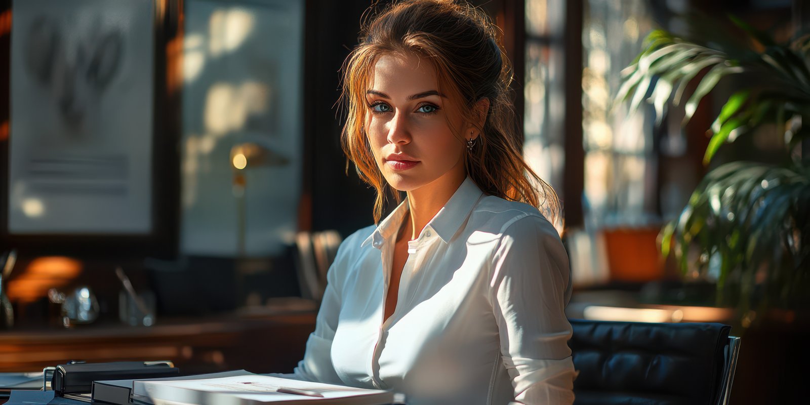 Professional woman working in modern office with natural light focusing on her task